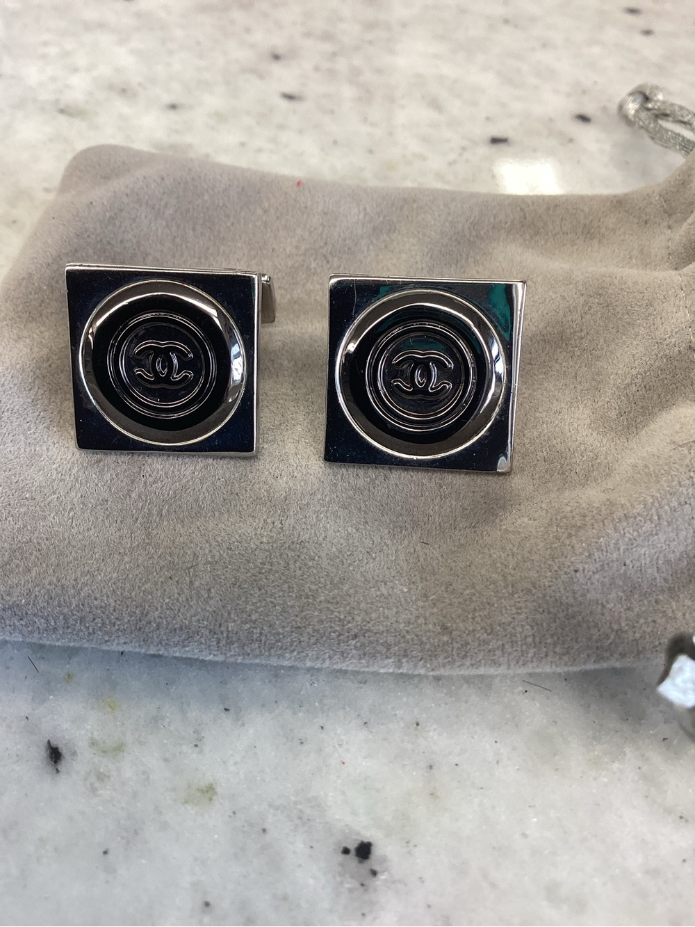 CHANEL Silver-Tone Square Double-C Logo Cufflinks